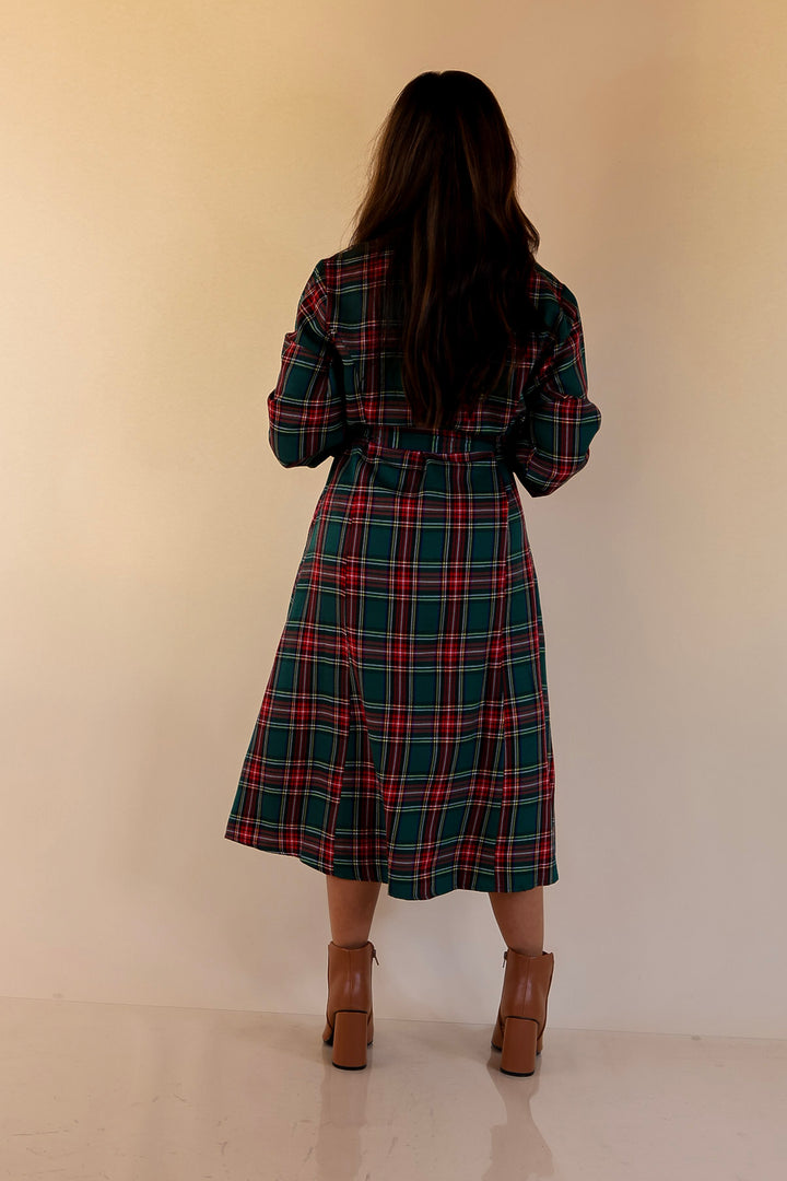Polished Presence Long Sleeve Plaid Button Up Collared Midi Dress in Green