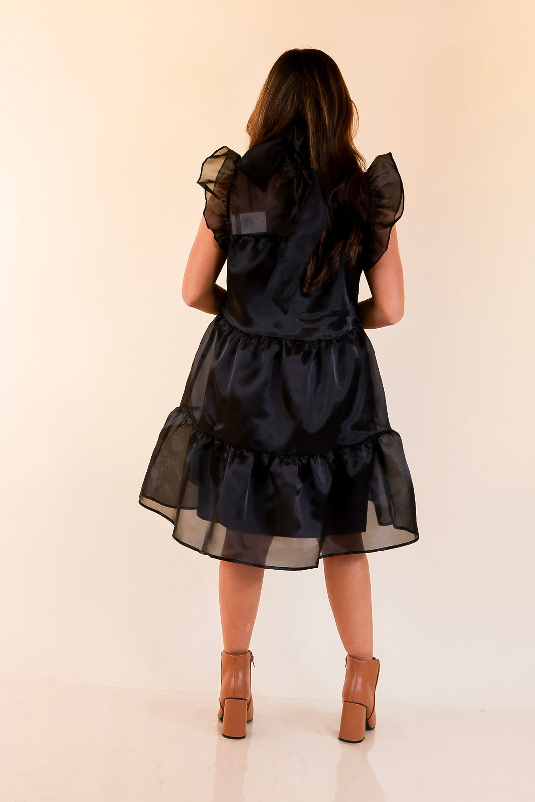 Mud Pie | Jane High Neck Sheer Tulle Ruffle Tiered Dress in Black