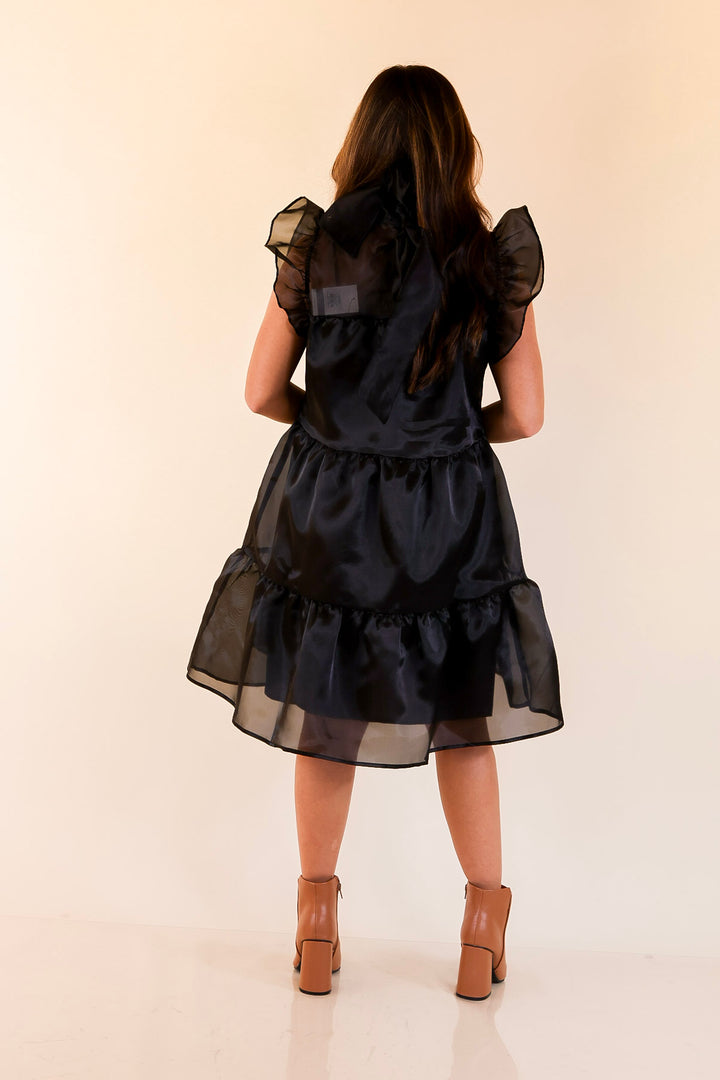 Mud Pie | Jane High Neck Sheer Tulle Ruffle Tiered Dress in Black