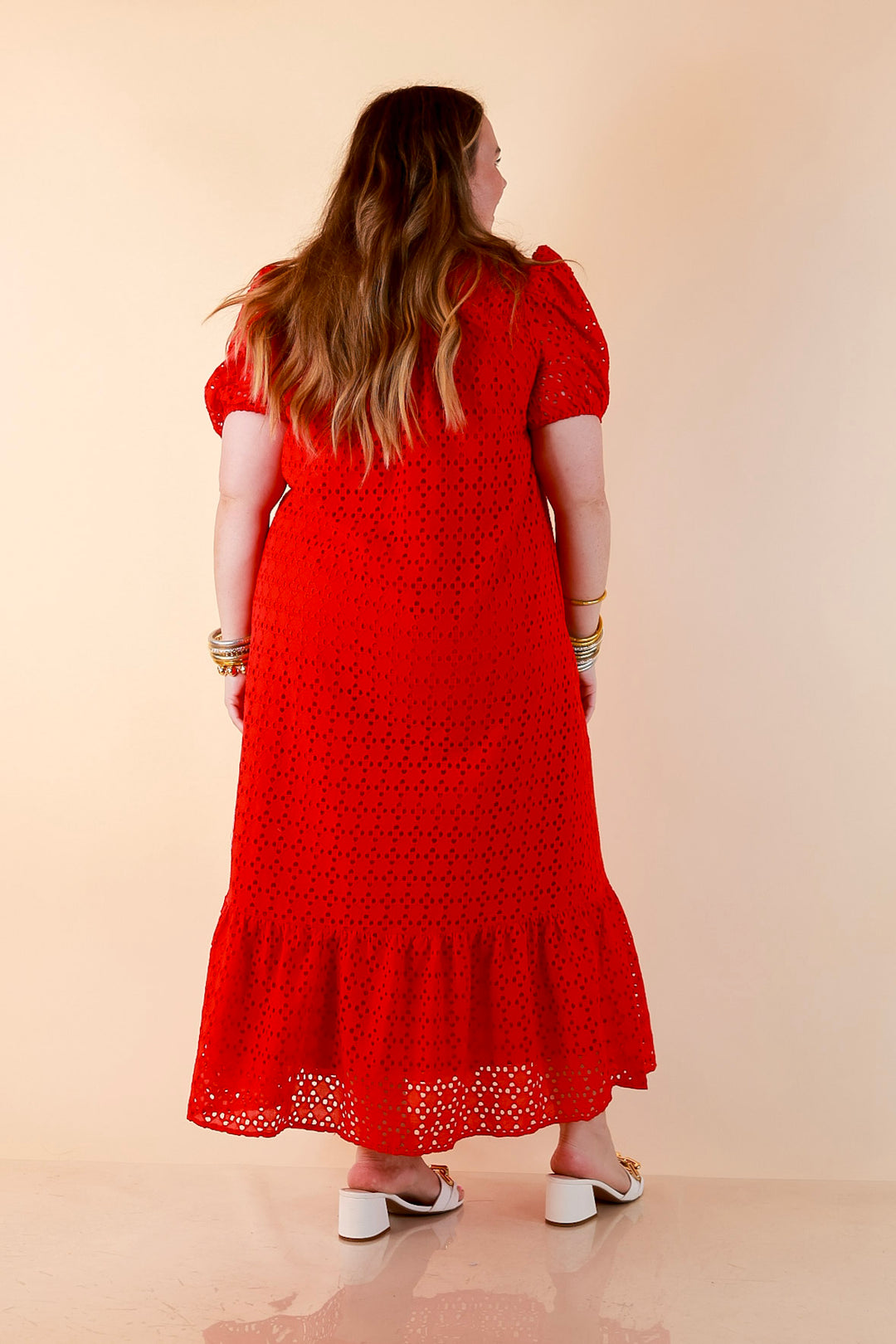Meet Me at Sunset Eyelet Lace Puff Sleeve Tiered Maxi Dress in Red
