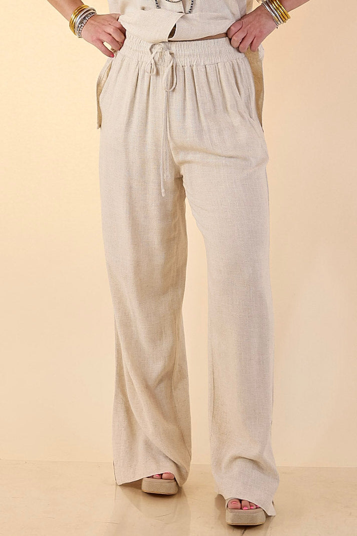 Styled in Comfort Linen Wide Leg Drawstring Pants in Oatmeal Beige