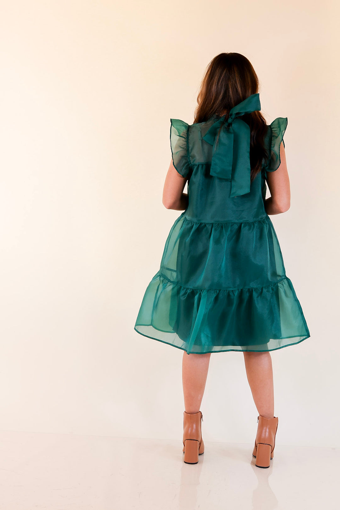 Mud Pie | Jane High Neck Sheer Tulle Ruffle Tiered Dress in Forest Green