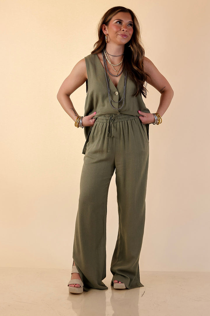 Styled in Comfort Linen Wide Leg Drawstring Pants in Olive Green