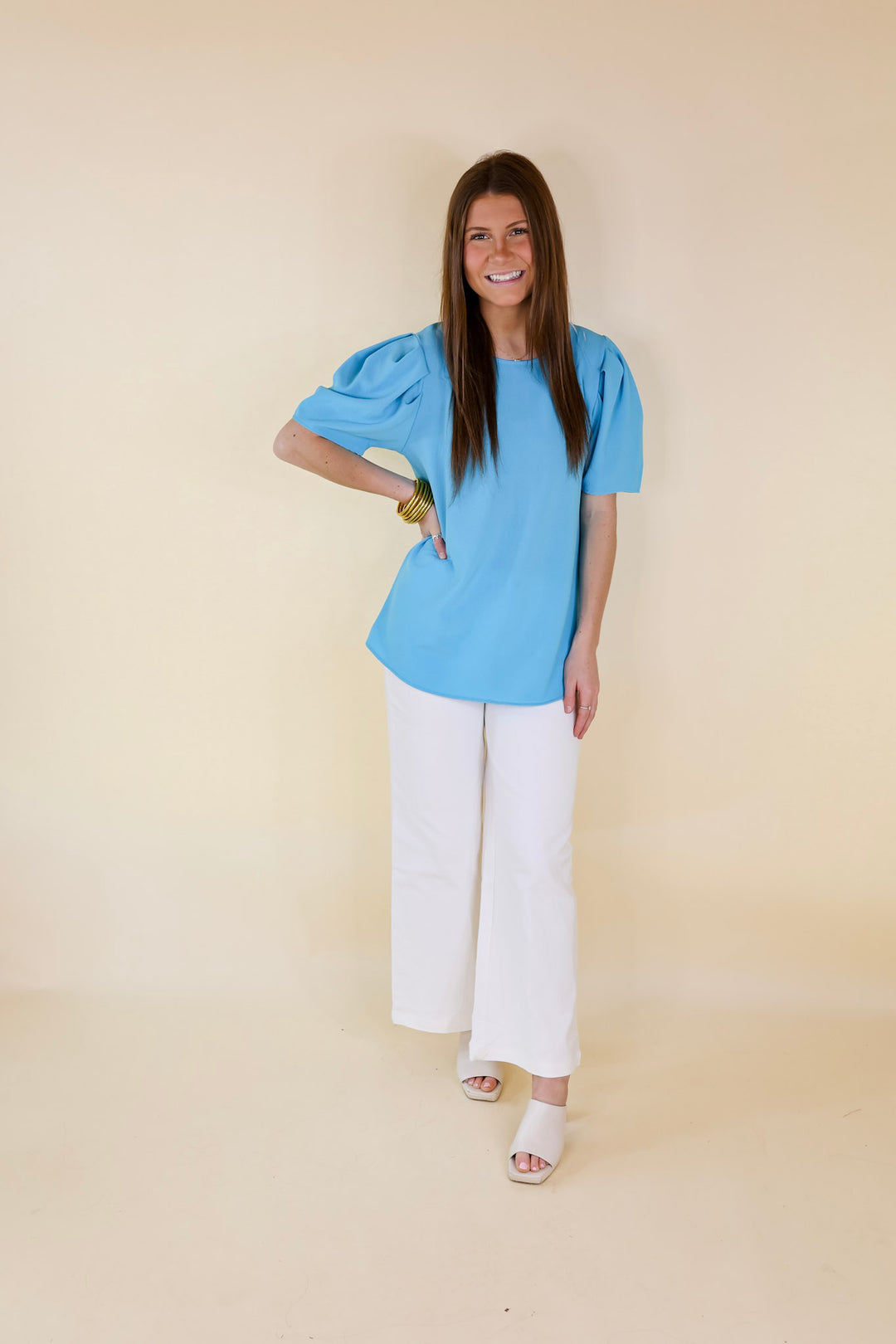 Share The Love Pleated Short Sleeve Top in Blue - Giddy Up Glamour Boutique