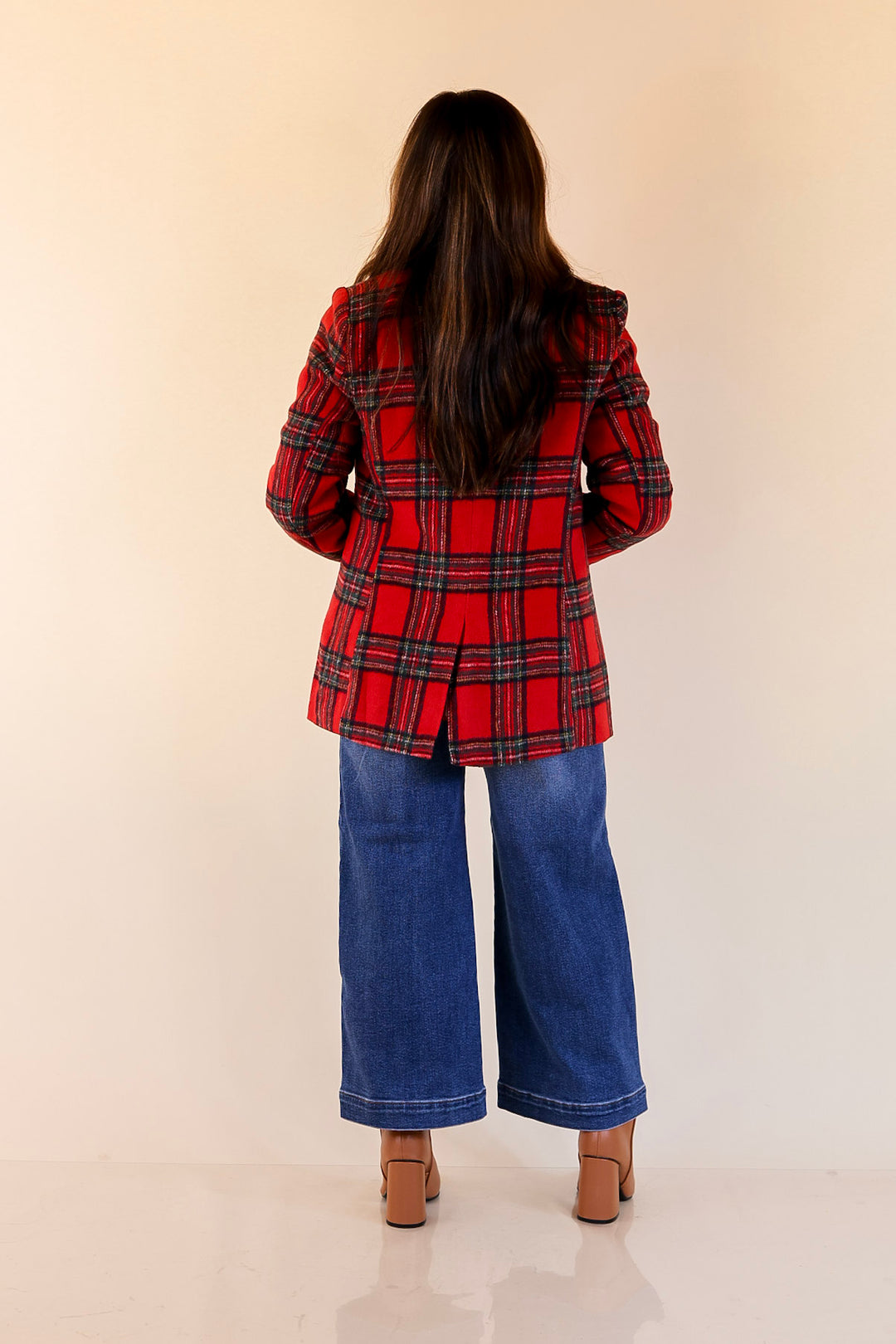 Season to Shine Long Sleeve Tartan Plaid Blazer in Red