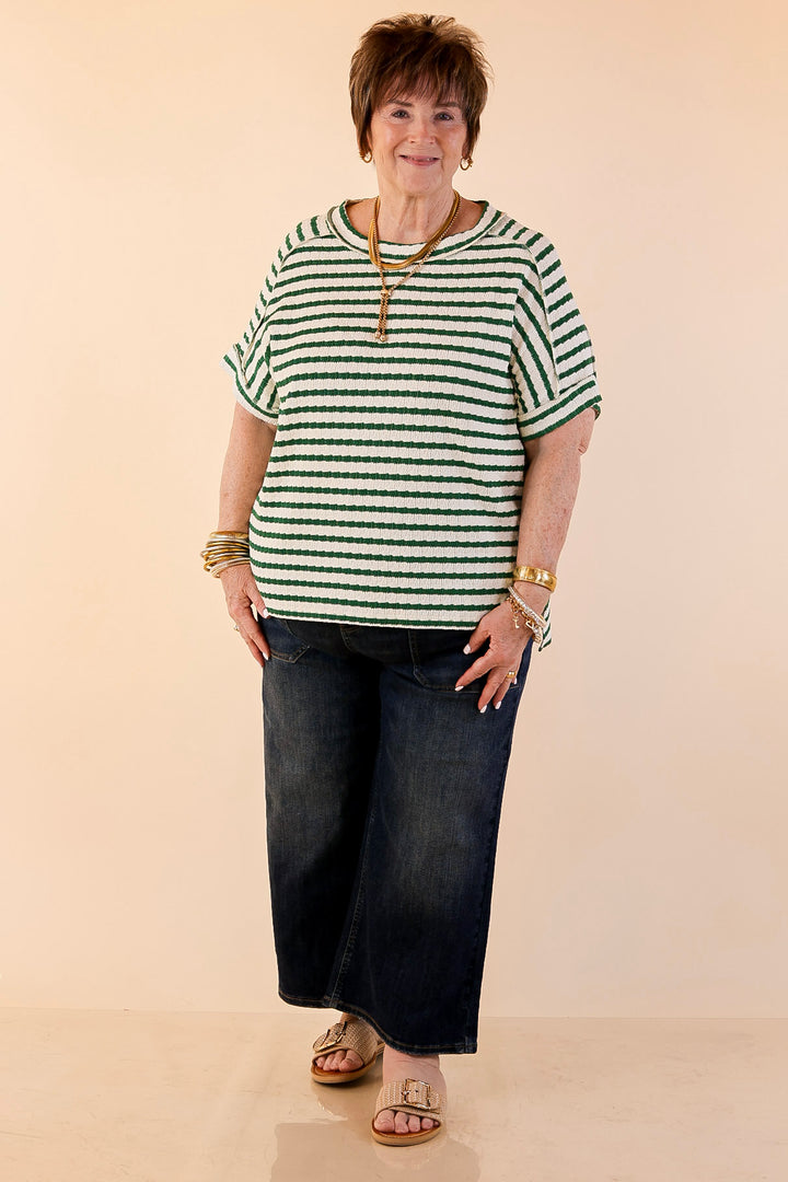 On The Daily Scoop Neck Short Sleeve Striped Textured Top in Kelly Green