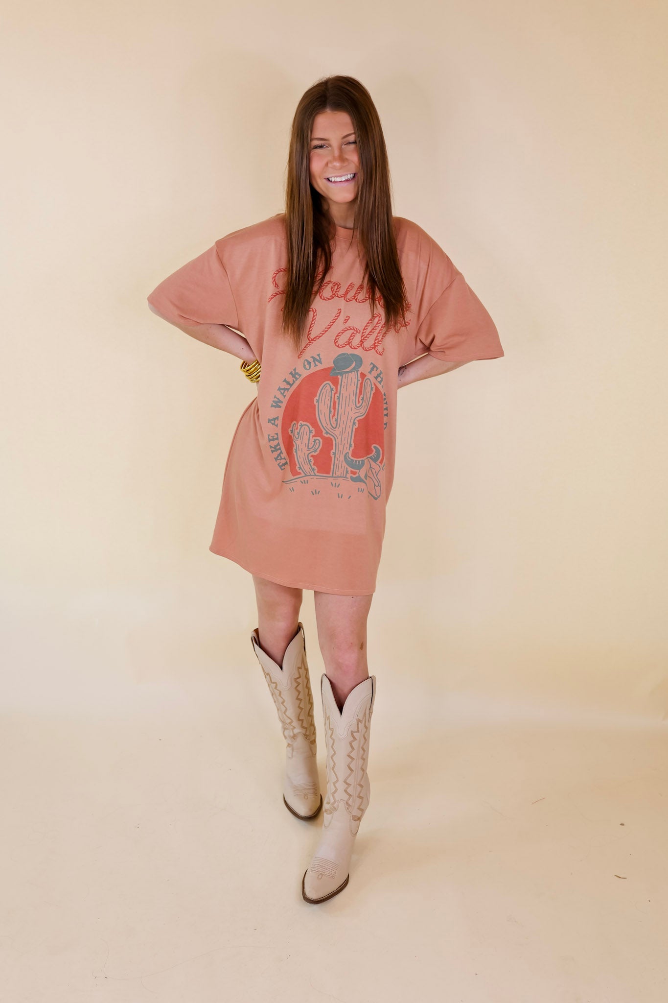 Howdy Y'all Short Sleeve Tee Shirt Dress in Clay Orange - Giddy Up Glamour Boutique
