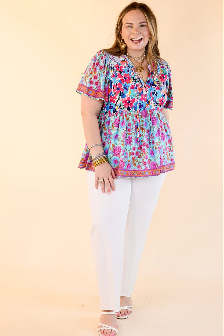 Tulip Fields Floral Print Babydoll Top in Mint Mix