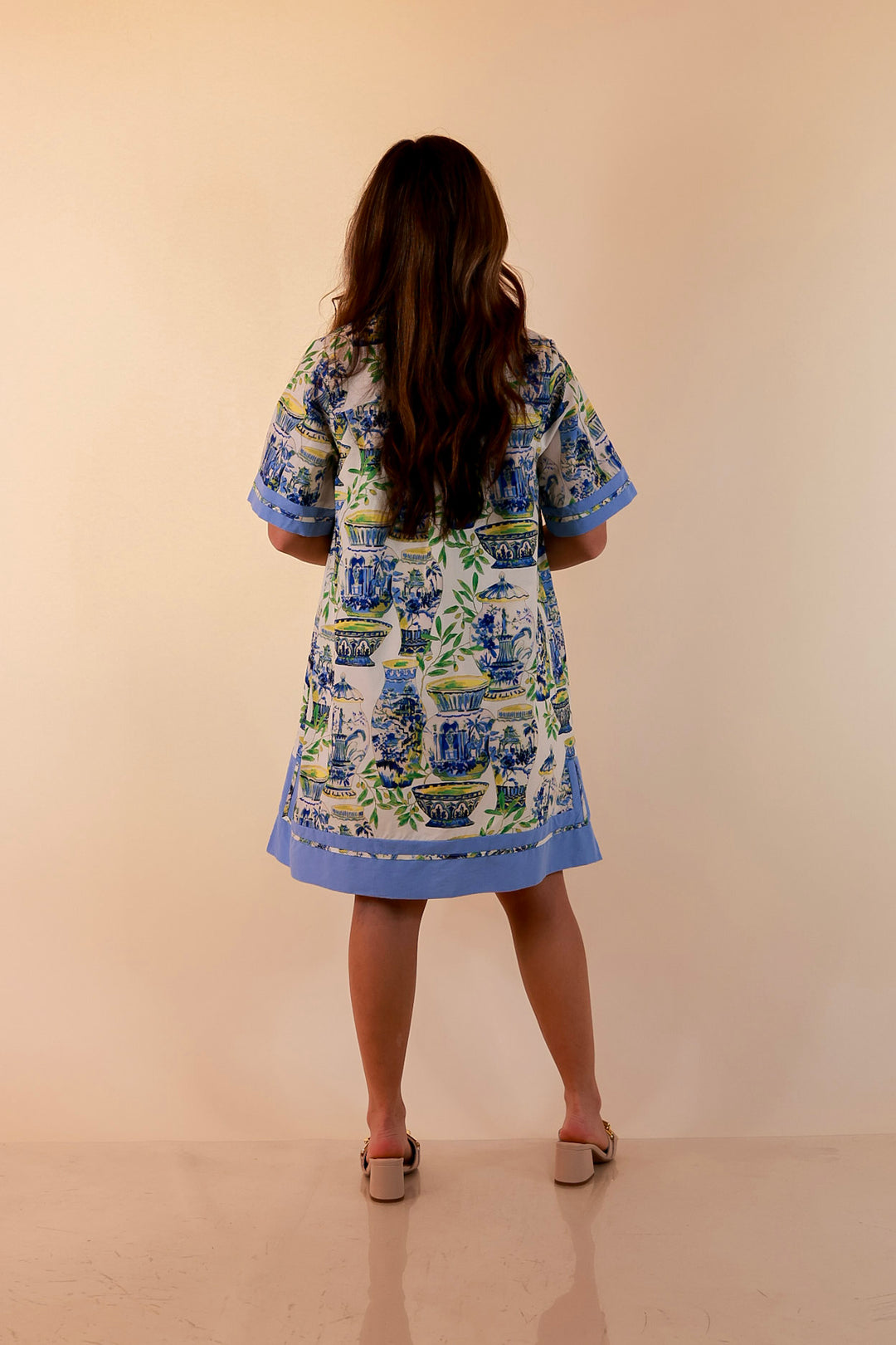 Postcards from Paradise Vase Print Contrast Trim Shift Dress in Blue Multi
