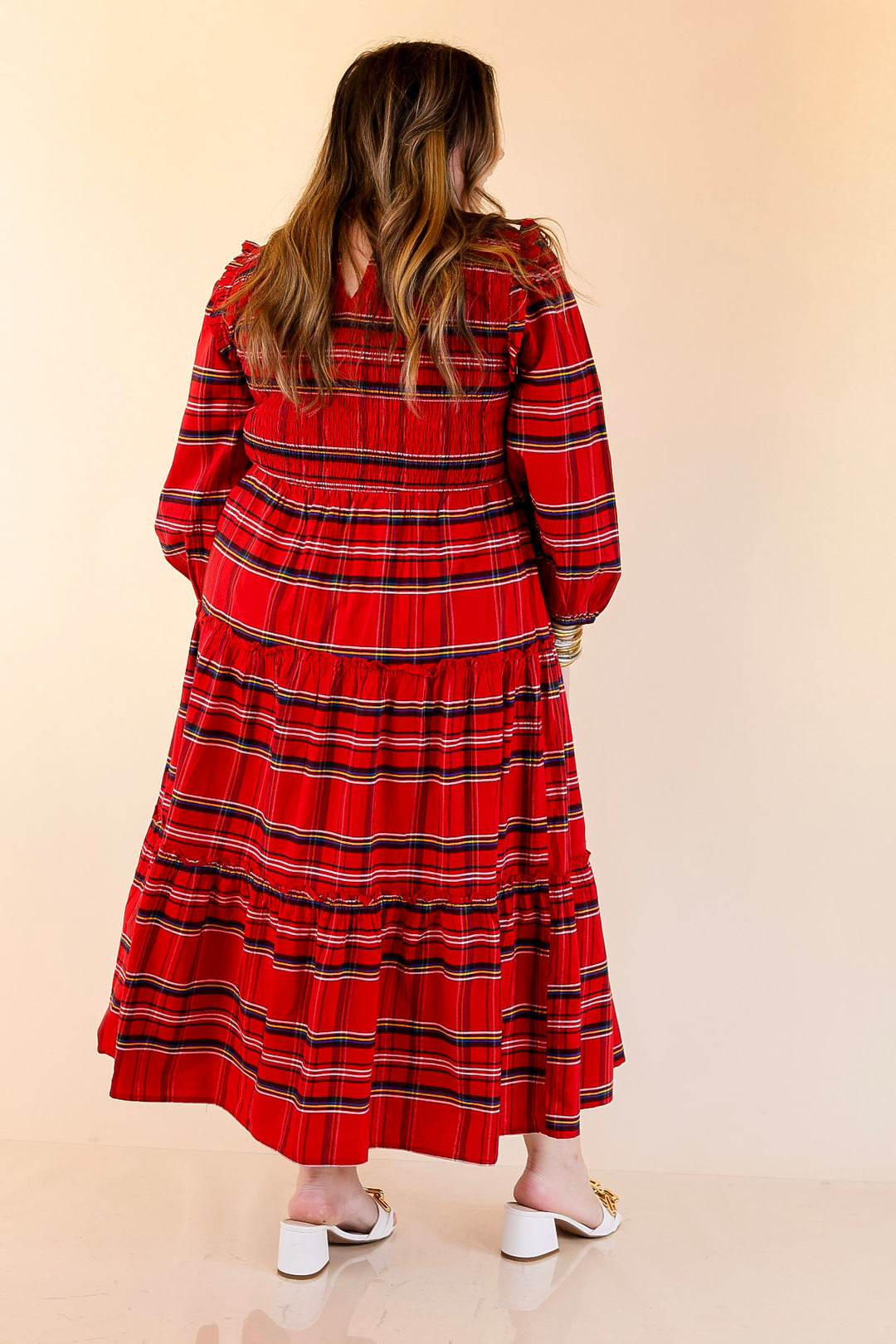 Mud Pie | Walton Smocked Bodice Long Sleeve Plaid Midi Dress with Tiered Skirt in Red