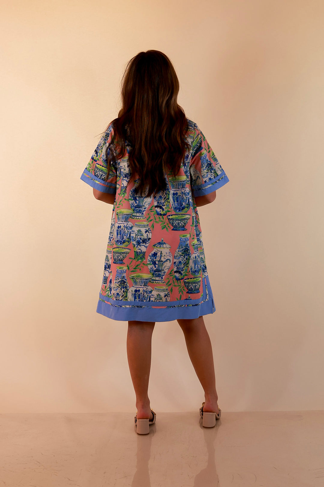 Postcards from Paradise Vase Print Contrast Trim Shift Dress in Coral Pink Multi