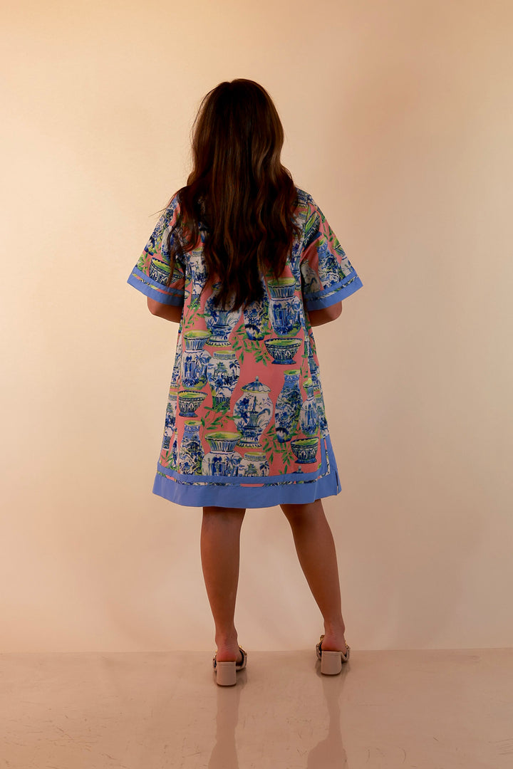 Postcards from Paradise Vase Print Contrast Trim Shift Dress in Coral Pink Multi