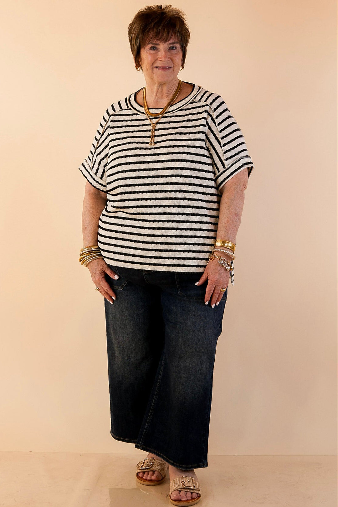 On The Daily Scoop Neck Short Sleeve Striped Textured Top in Black