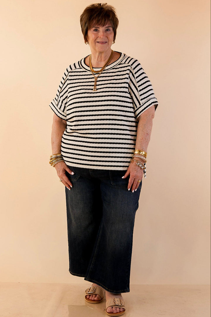 On The Daily Scoop Neck Short Sleeve Striped Textured Top in Black