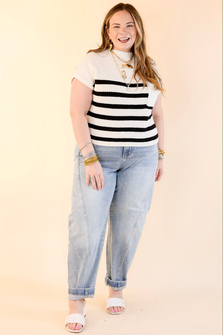 Repeat Worthy Striped Cap Sleeve Cropped Sweater with Front Pocket in Ivory