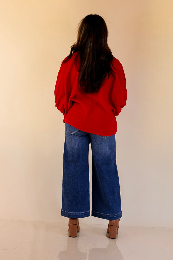 Naturally Stylish Poncho Top with Green Plaid Trim in Red