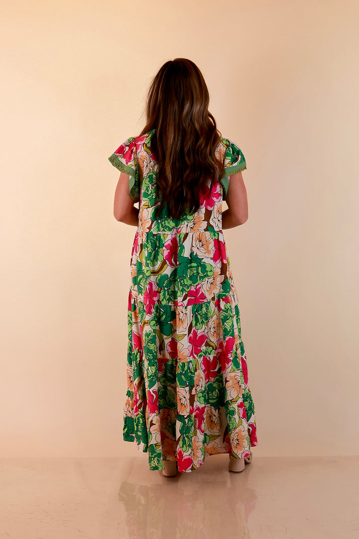 Spring Symphony Floral Print Tiered Midi Dress with Flutter Sleeves in Pink and Green