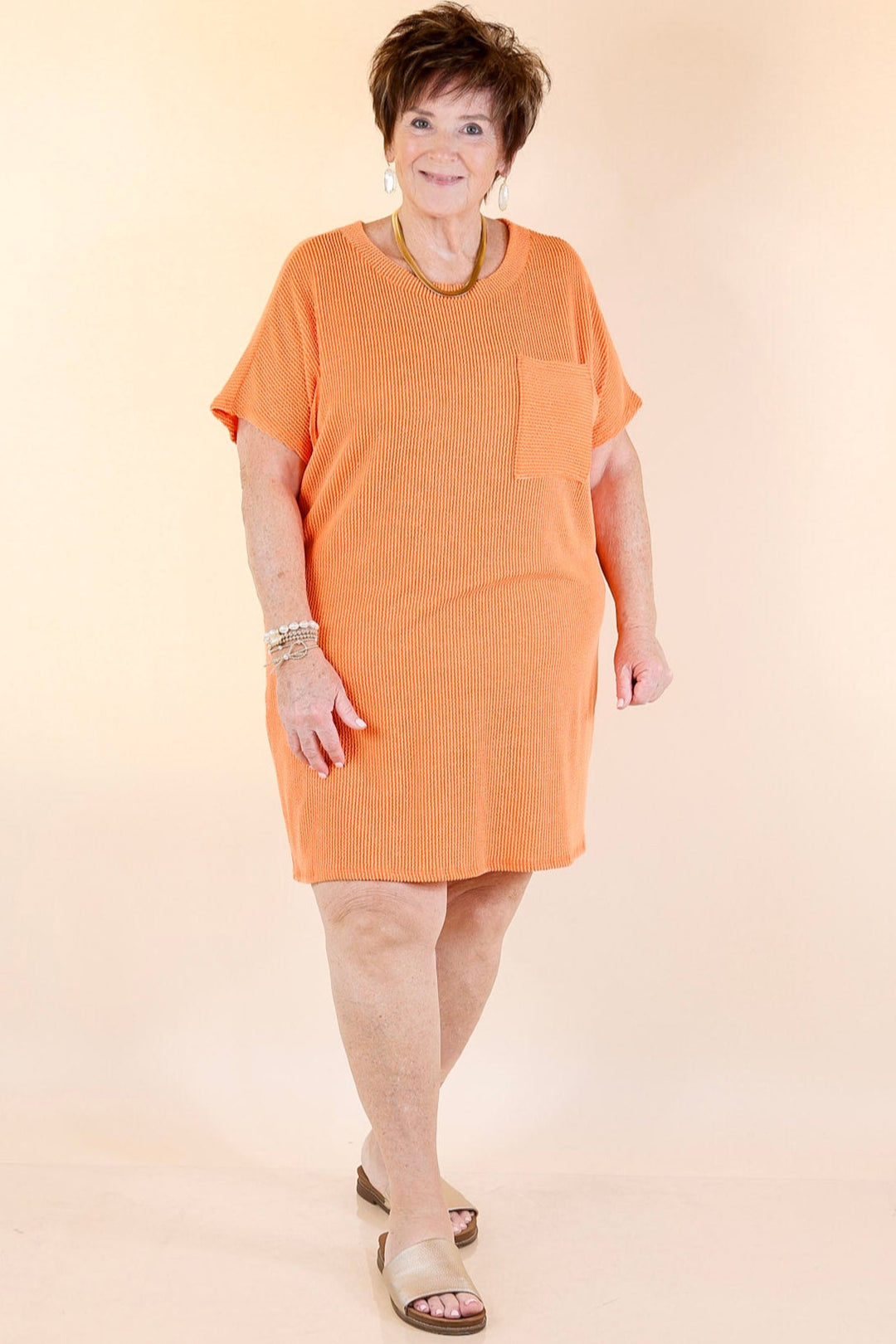 Coffee and Carefree Ribbed Short Sleeve Dress with Front Pocket in Orange