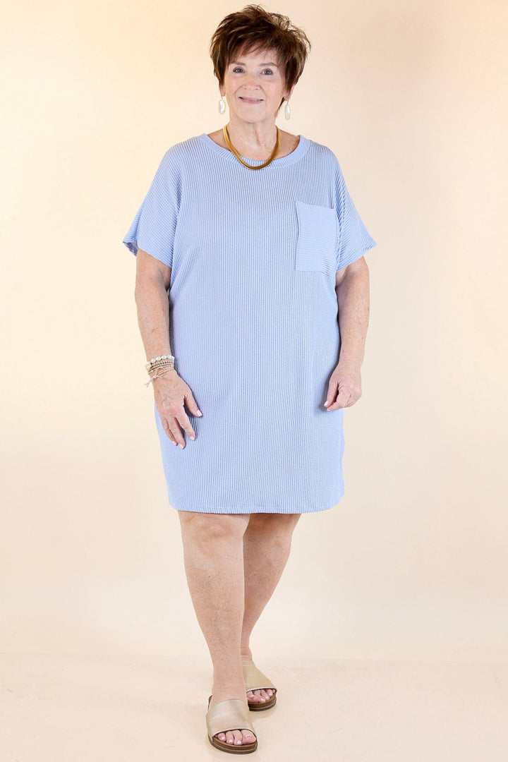 Coffee and Carefree Ribbed Short Sleeve Dress with Front Pocket in Sky Blue