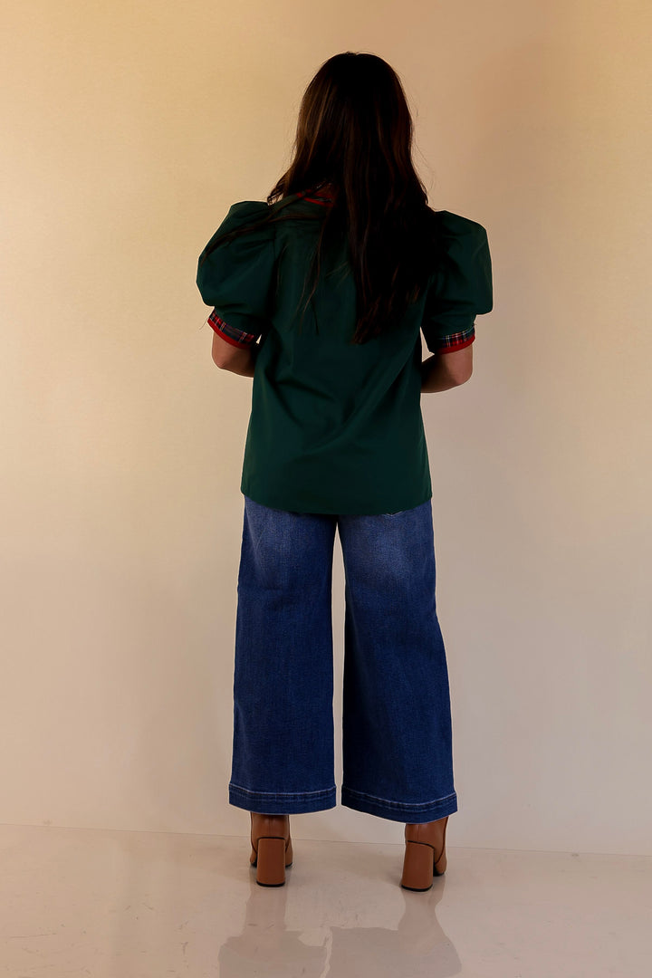Commanding Style V Neck Top with Short Balloon Sleeves and Plaid Trim in Hunter Green