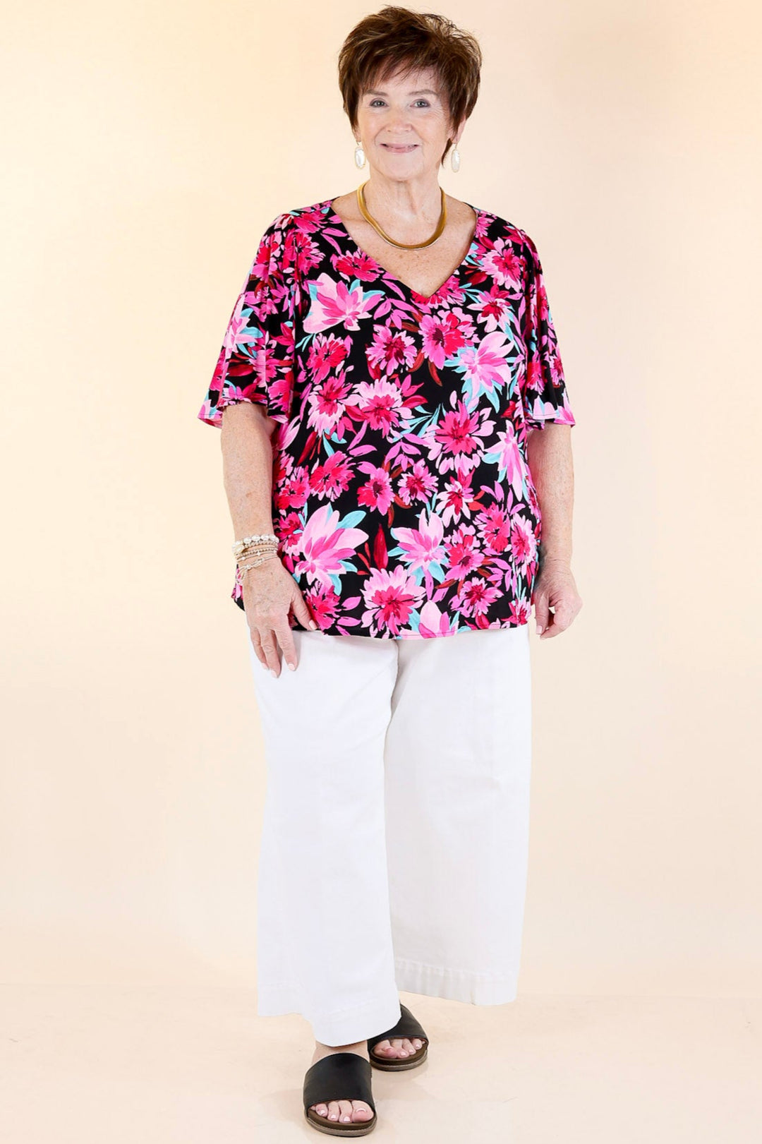 Giving You More Pink Floral Print V Neck Blouse in Black