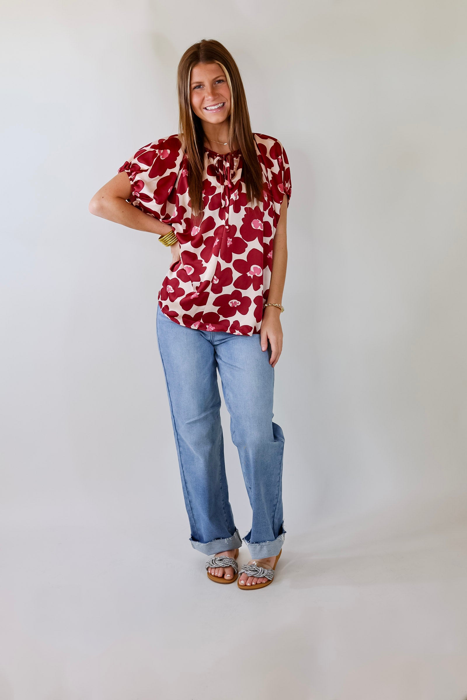 Counting Kisses Short Sleeve Floral Top with Keyhole in Maroon - Giddy Up Glamour Boutique
