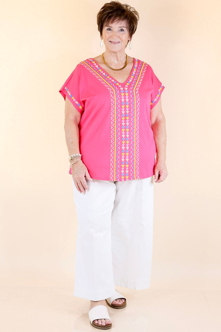 Paradise Found Embroidered Short Sleeve Top with V Neckline in Pink