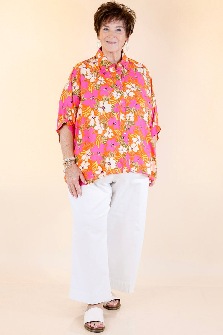 Bright Lifestyle Button Up Half Sleeve Floral Poncho Top in Orange Mix