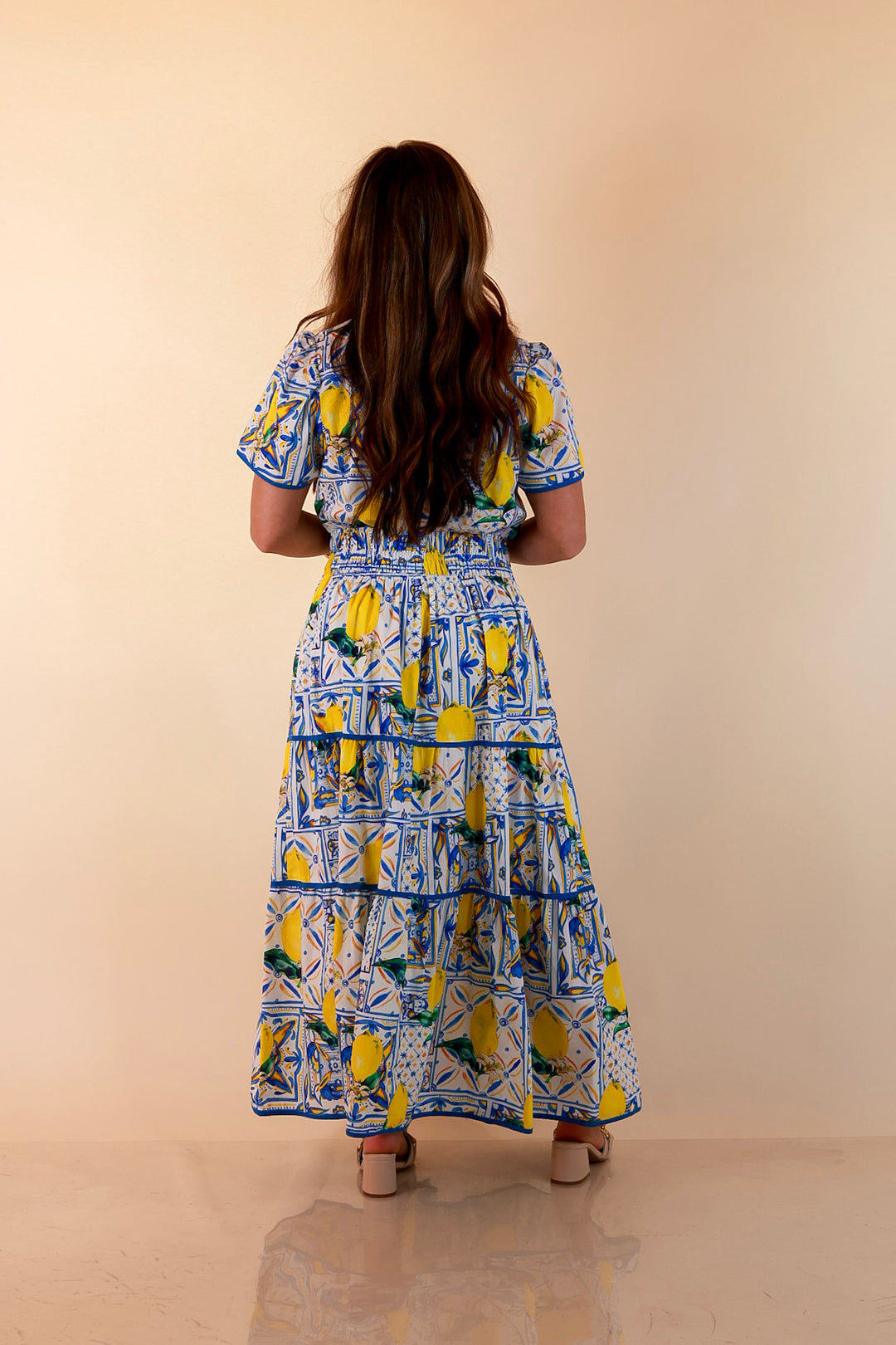 Villa Views Lemon and Tile Abstract Print Tiered Midi Dress in Blue and Yellow
