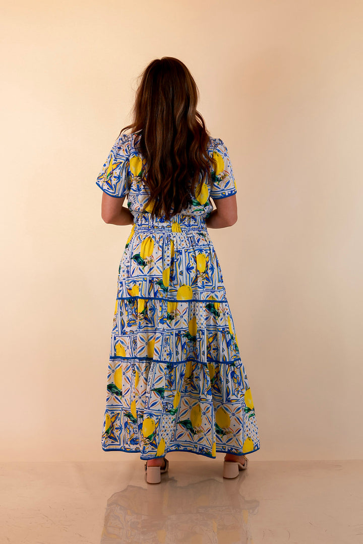 Villa Views Lemon and Tile Abstract Print Tiered Midi Dress in Blue and Yellow