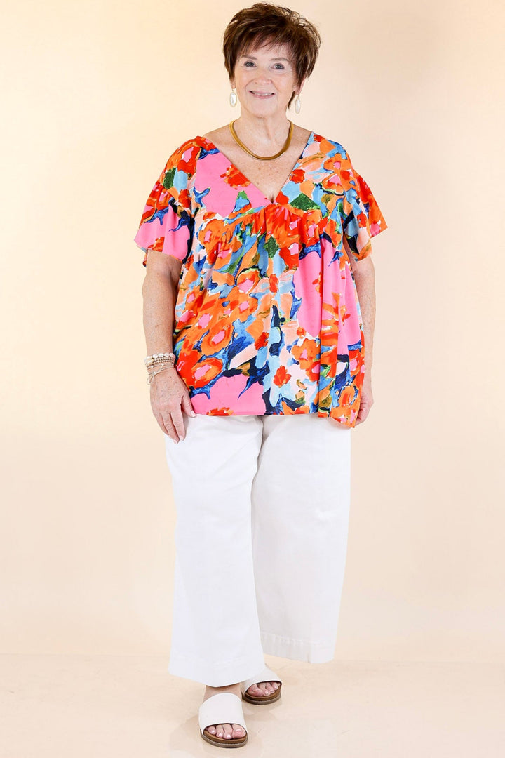 You Had Me At Aloha Watercolor Floral Top with V Neckline in Orange Mix