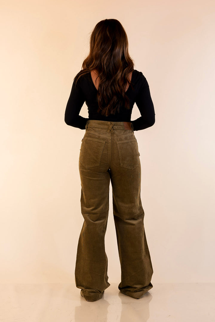Judy Blue | Style Forward Wide Leg Corduroy Trouser Jeans in Olive Green