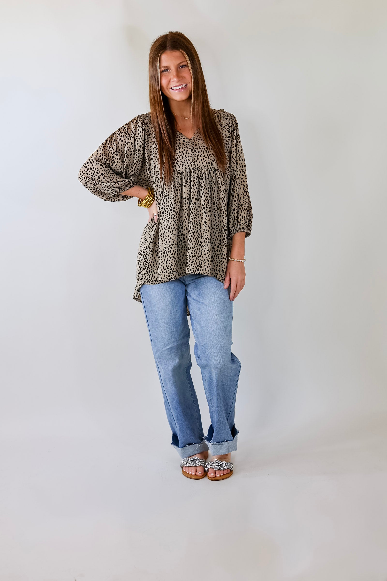 Charming Day Dotted Babydoll Top with Ruched Shoulders in Taupe - Giddy Up Glamour Boutique
