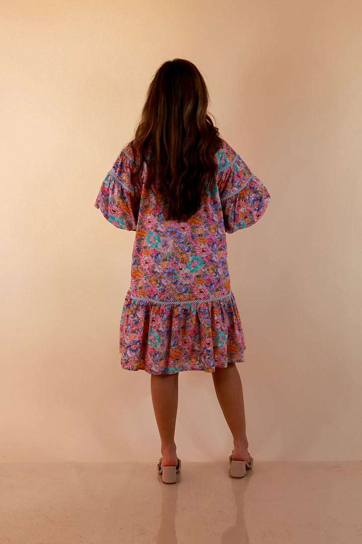 Darling Detail Floral Print Drop Waist Mini Dress with Contrast Trim in Pink Multi