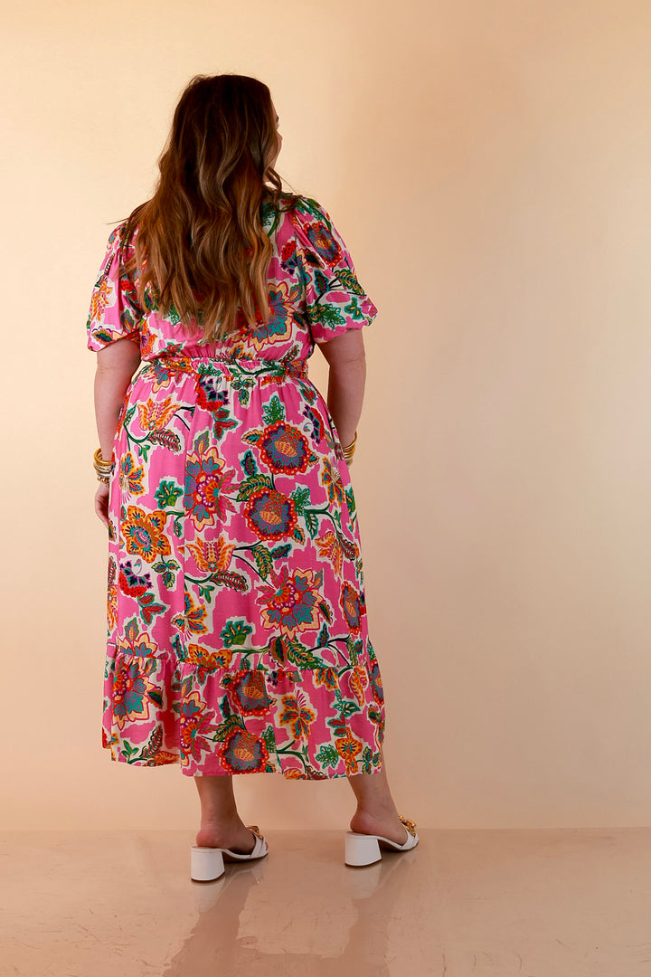 Color Me Happy Floral Print Midi Dress with Tie Neckline and Puff Sleeves in Pink