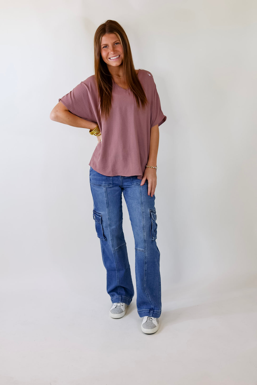 Lovely Dear V Neck Short Sleeve Solid Top in Mauve Purple - Giddy Up Glamour Boutique