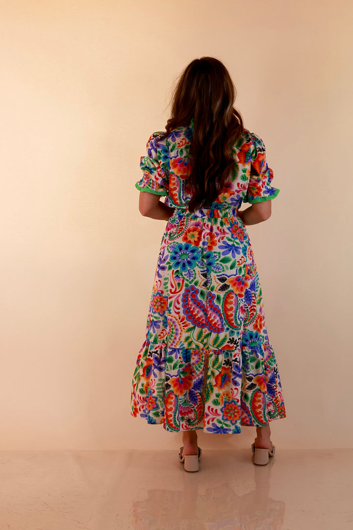 Gracefully Yours Floral and Paisley Print Midi Dress with Contrast Ruffle Trim in Ivory