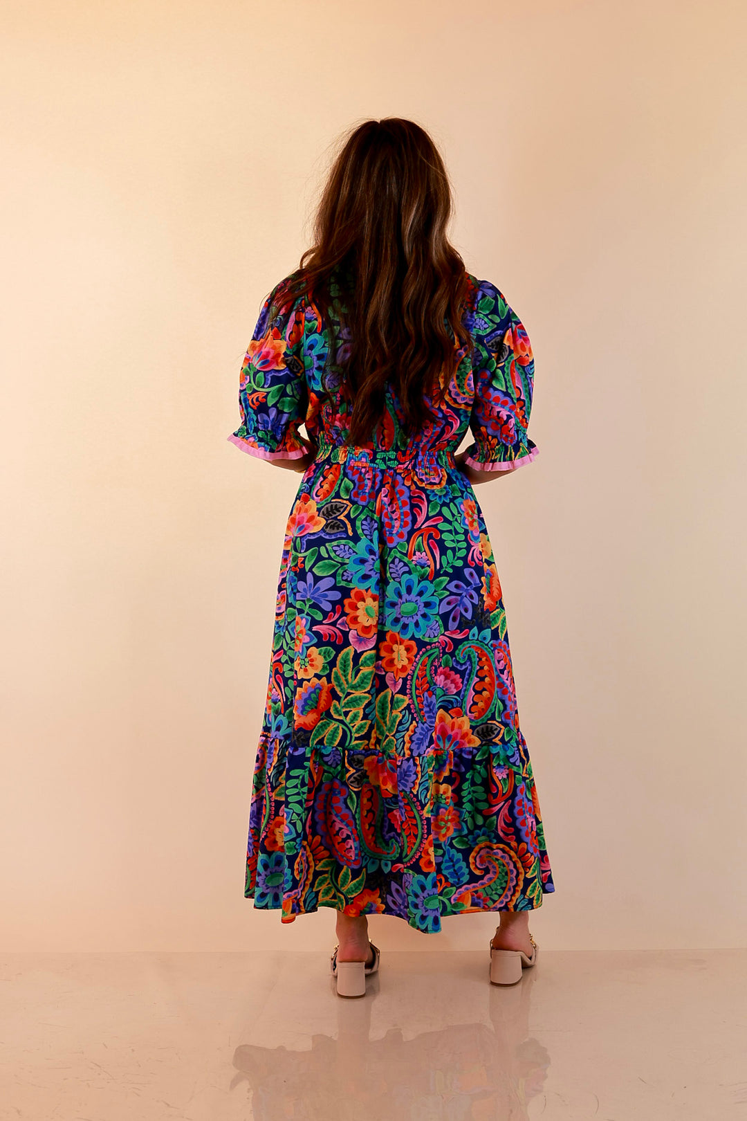 Gracefully Yours Floral and Paisley Print Midi Dress with Contrast Ruffle Trim in Navy Blue