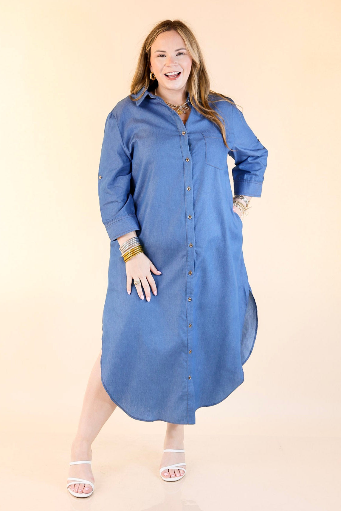Light Wash Button Front Denim Midi Dress fit and styling