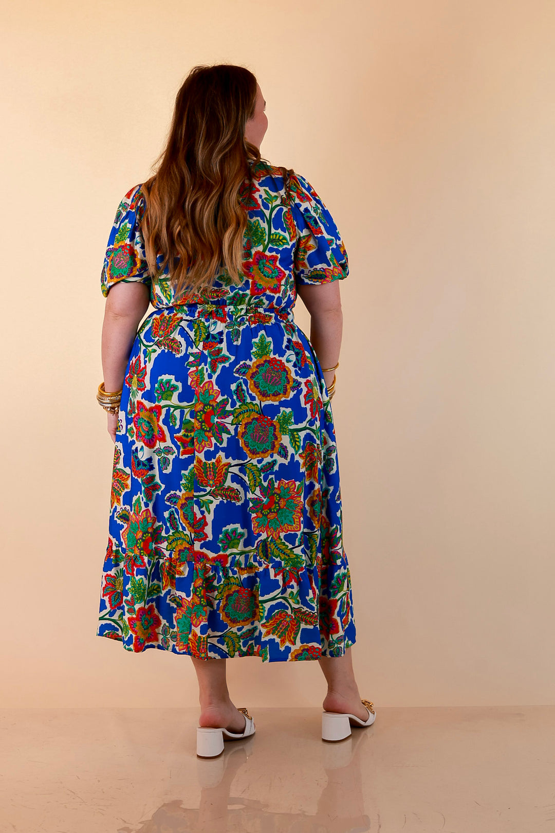 Color Me Happy Floral Print Midi Dress with Tie Neckline and Puff Sleeves in Royal Blue