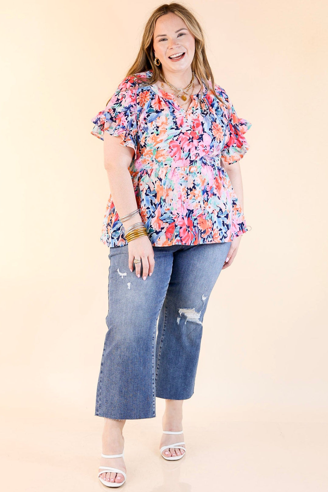 Spring Fever Floral Babydoll Top with Ruffle Short Sleeves in Pink and Blue Mix