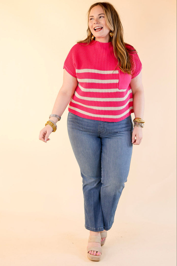 Repeat Worthy Striped Cap Sleeve Cropped Sweater with Front Pocket in Hot Pink
