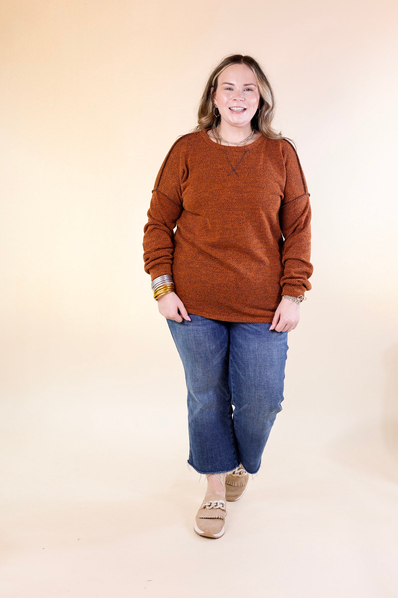 Fall Festival Long Sleeve Knit Top with Hem Detailing in Rust Orange