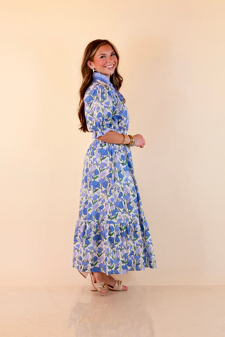 Gracefully Yours Floral Print Midi Dress with Contrast Ruffle Trim in Blue