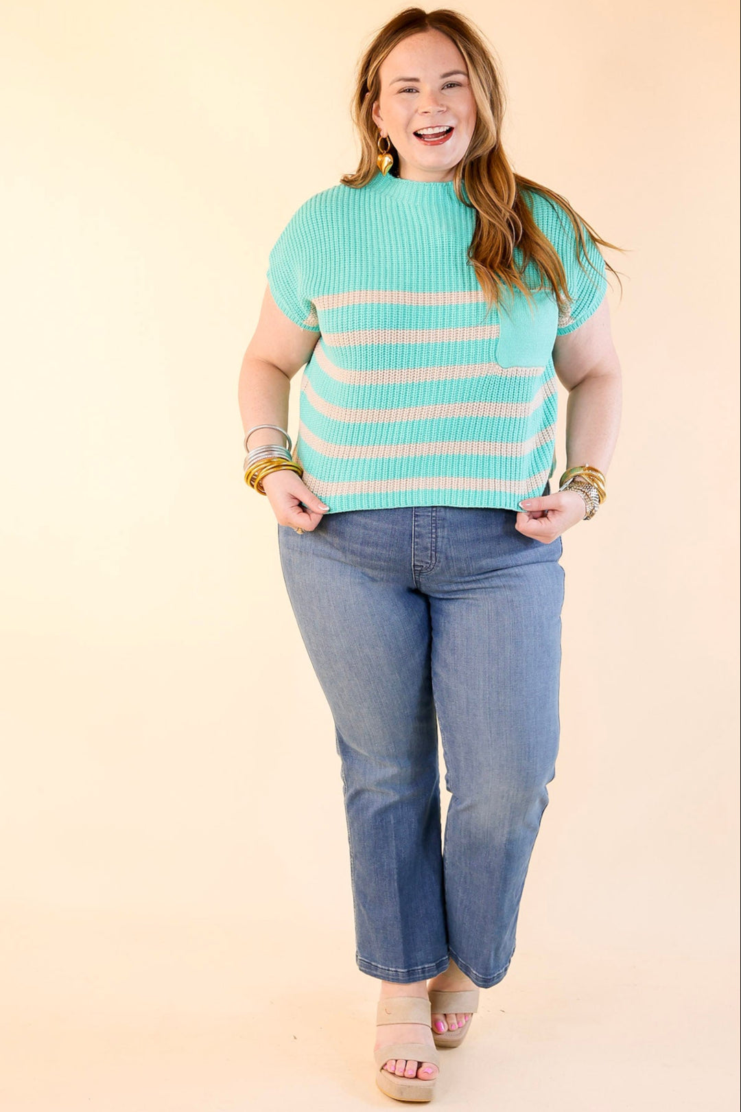 Repeat Worthy Striped Cap Sleeve Cropped Sweater with Front Pocket in Mint Green