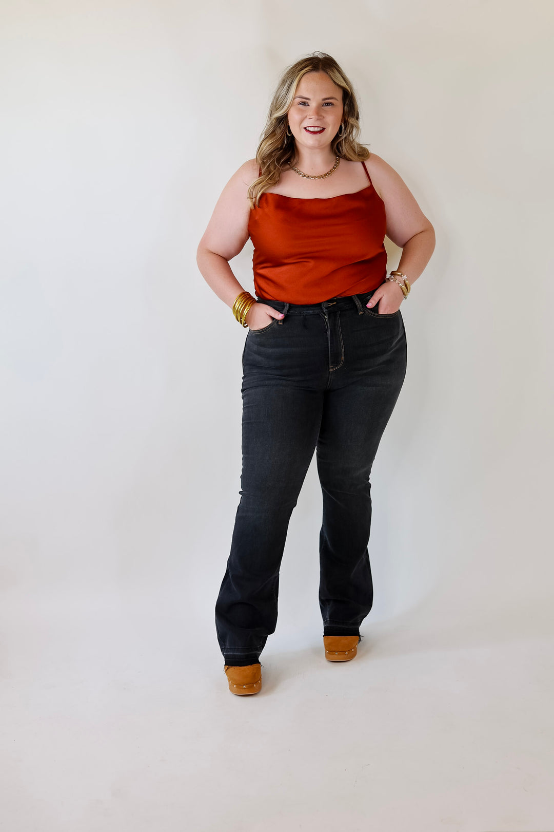 Fall Fields Crepe Cowl Neck Bodysuit with Spaghetti Straps in Rust Red - Giddy Up Glamour Boutique