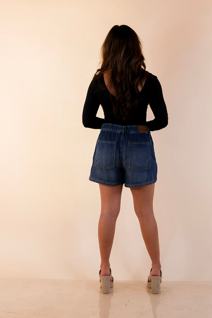 Judy Blue | Easy Living Featherweight Boxer Drawstring Denim Shorts in Dark Wash