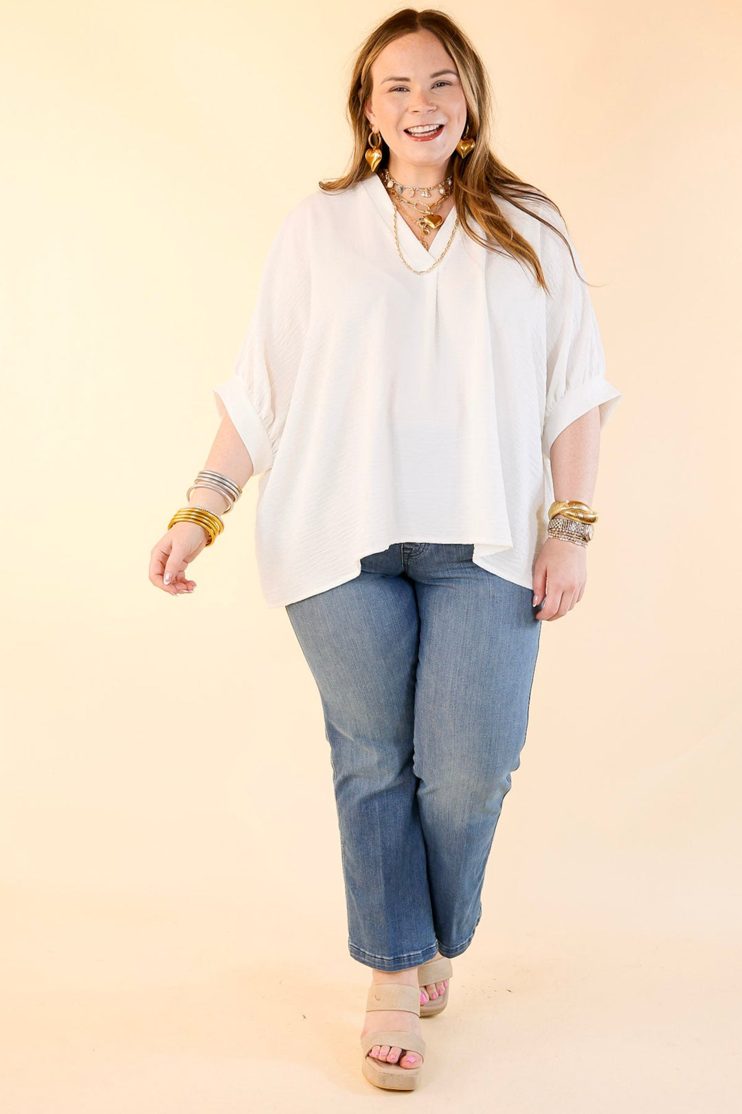 Elevated Basics V Neck Top with Half Sleeves in Off White