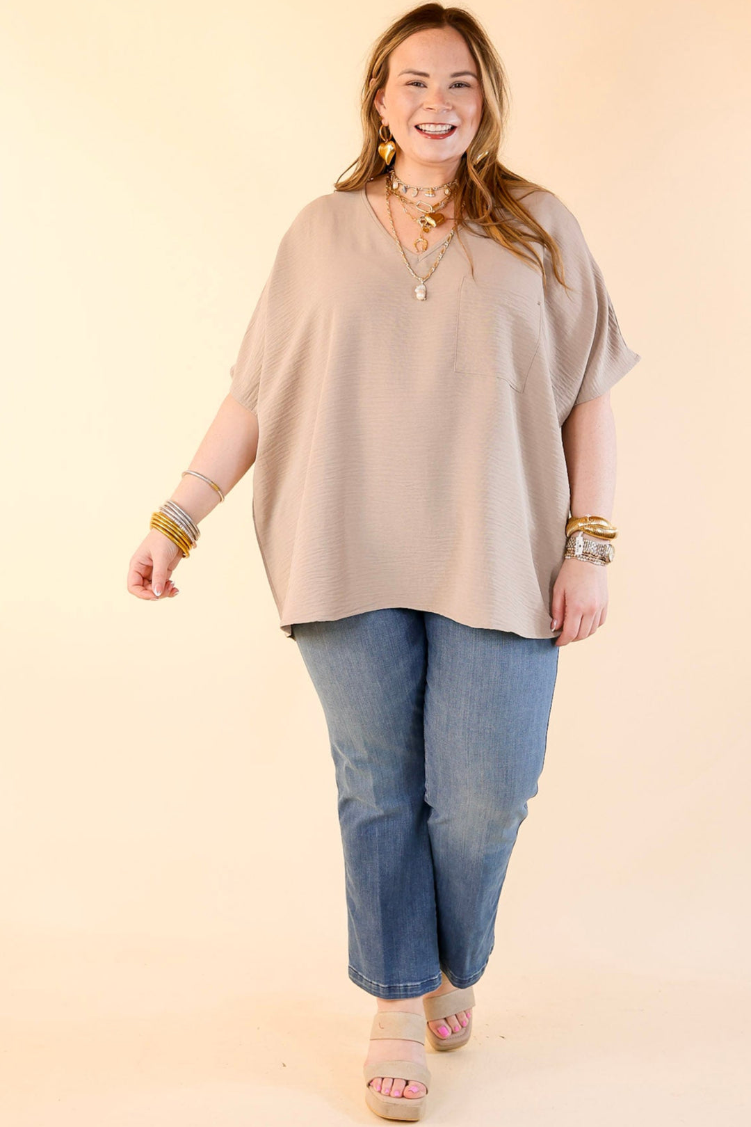 Try To Resist Short Sleeve V Neck Top with Front Pocket in Light Mocha Brown