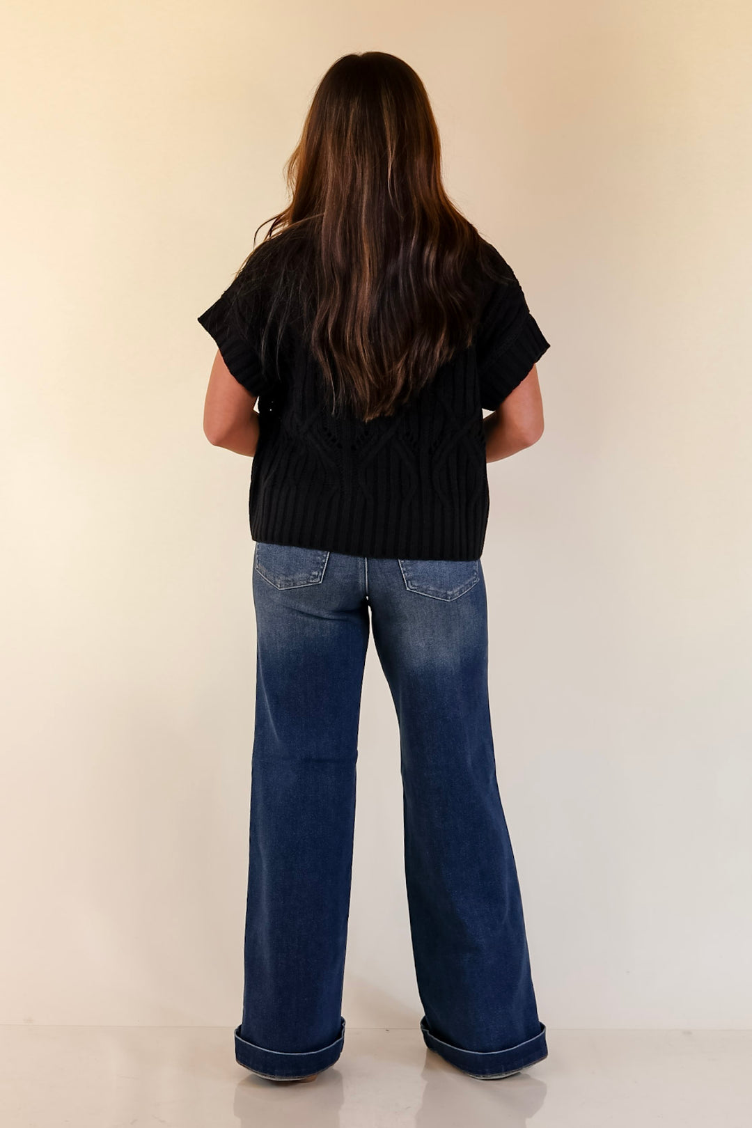 Knit to Last Cable Knit Short Sleeve Sweater Top in Black